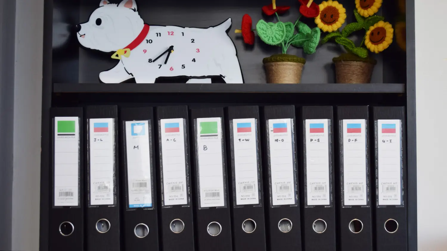 Dog documents, which recorded the dog's grooming specialized needs file folders, were grouped alphabetically and placed on the second level of a shelf, while the first tier displayed a dog-shaped clock and crocheted flowers.