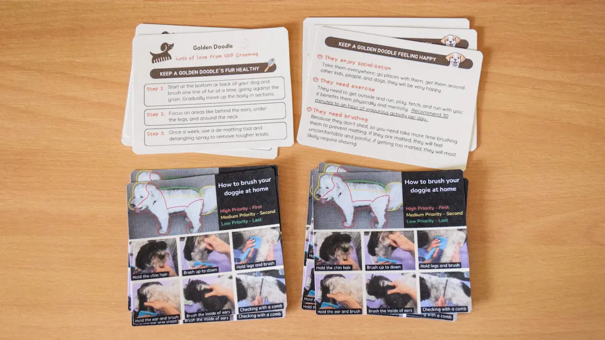 Four sticker-sized printed cards containing post-dog grooming tips and how-to-brush-dogs-at-home instructions.  
